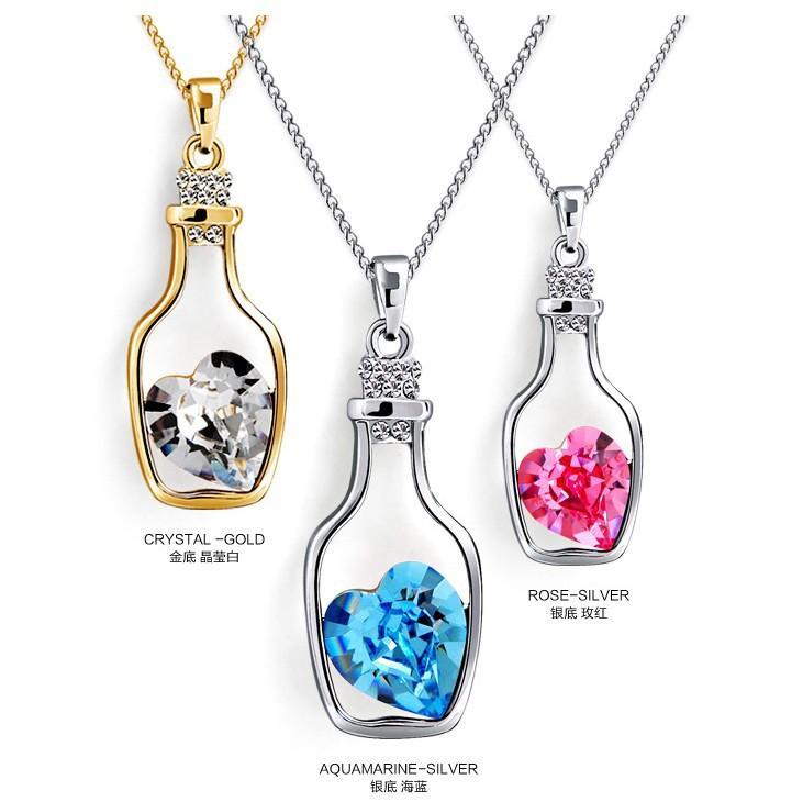 Creative Fashion Wishing Bottle Alloy Heart Pendant Necklace featuring Austrian crystals, designed for women, showcasing elegance and style.