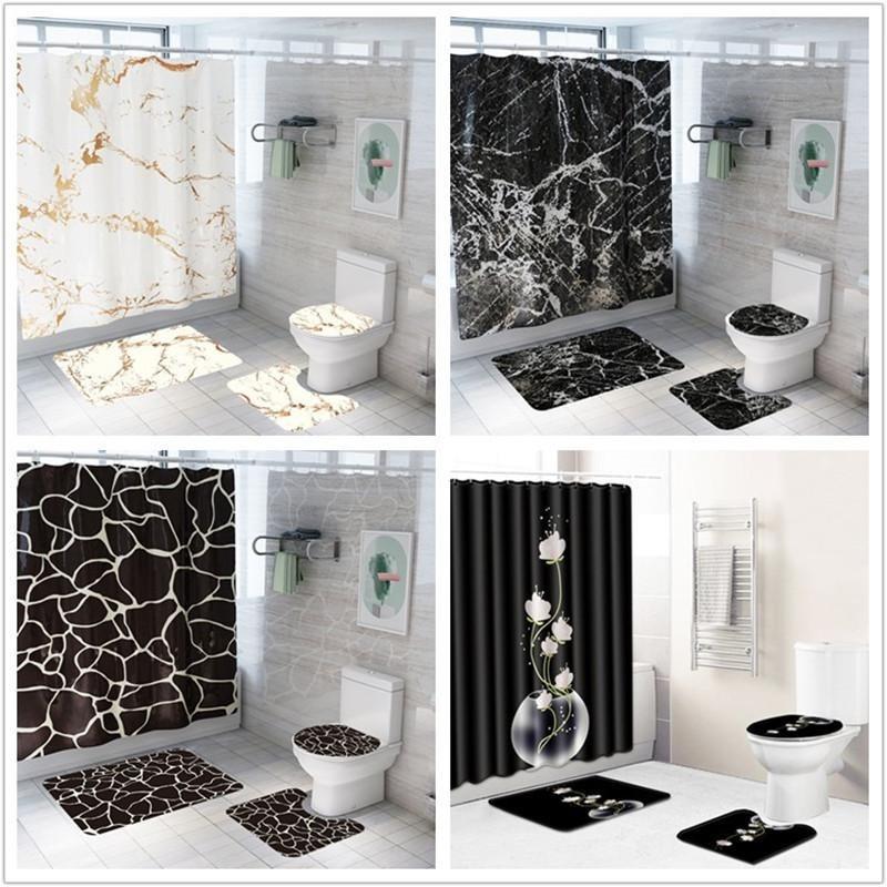 Creative marble printing bathroom waterproof shower curtain with modern striped design, made from eco-friendly polyester.