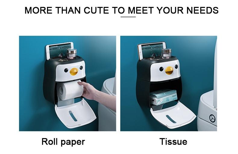Creative penguin-shaped toilet roll paper holder, waterproof and wall-mounted, ideal for bathroom organization.