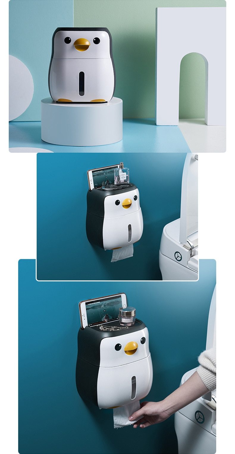 Creative penguin-shaped toilet roll paper holder, waterproof and wall-mounted, ideal for bathroom organization.