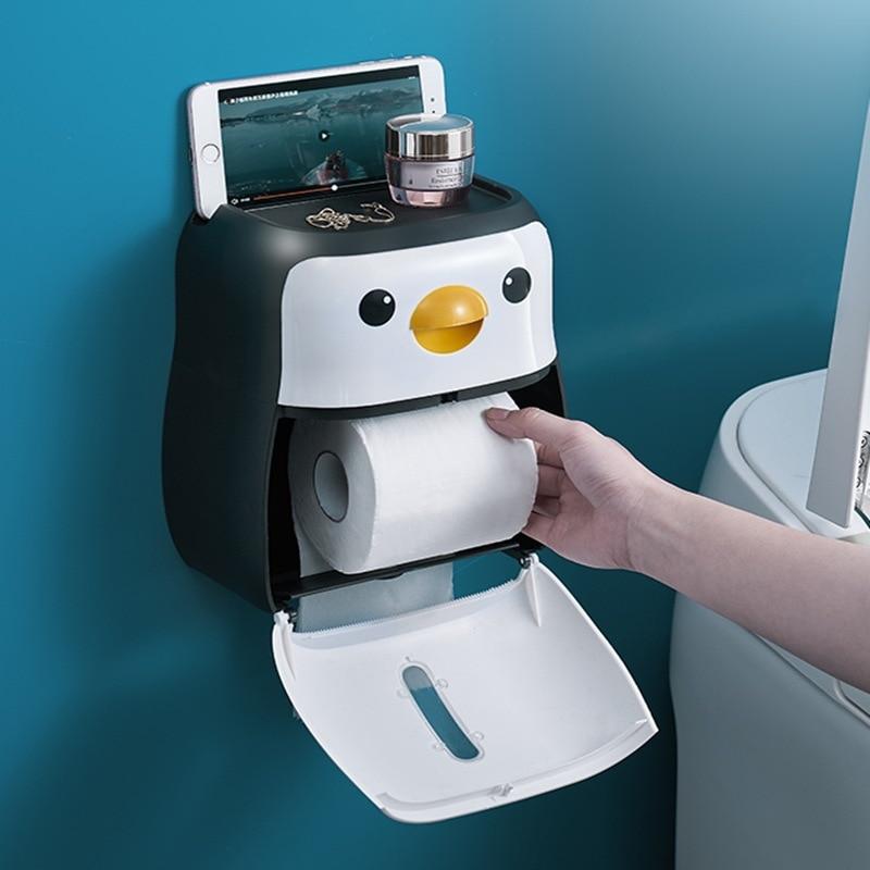 Creative penguin-shaped toilet roll paper holder, waterproof and wall-mounted, ideal for bathroom organization.