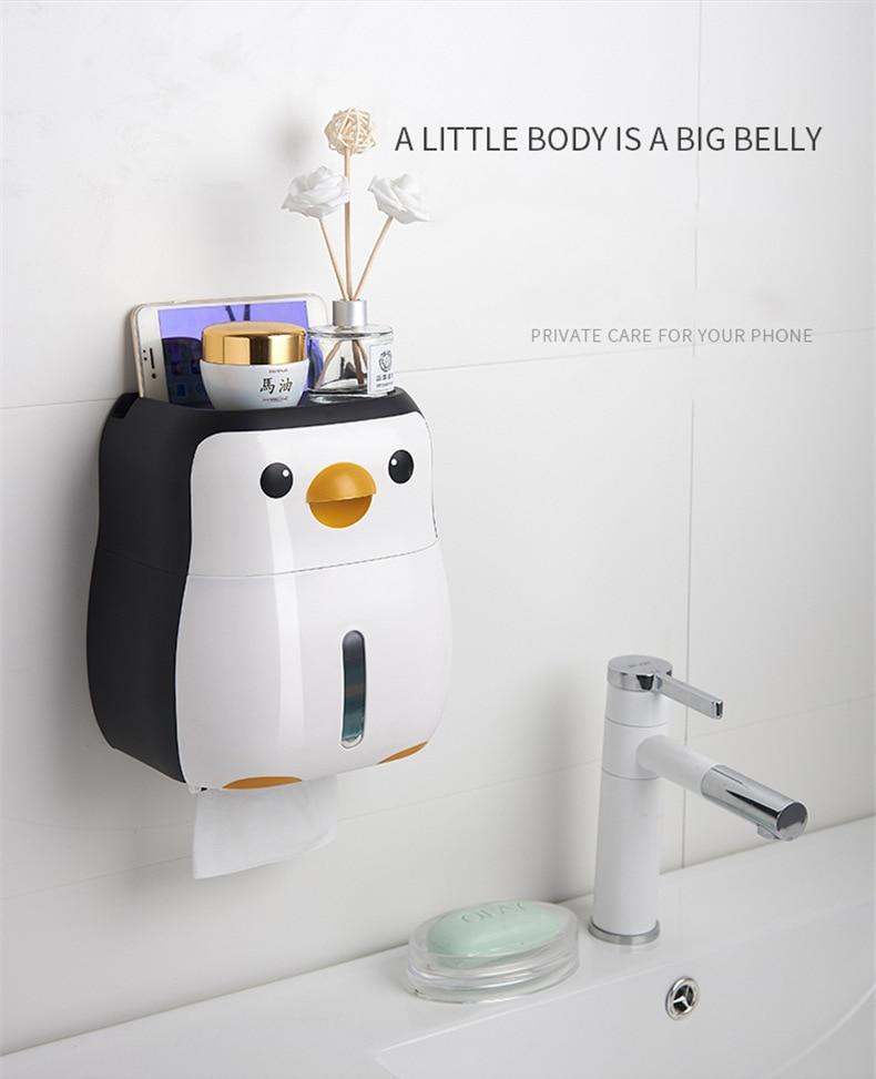 Creative penguin-shaped toilet roll paper holder, waterproof and wall-mounted, ideal for bathroom organization.
