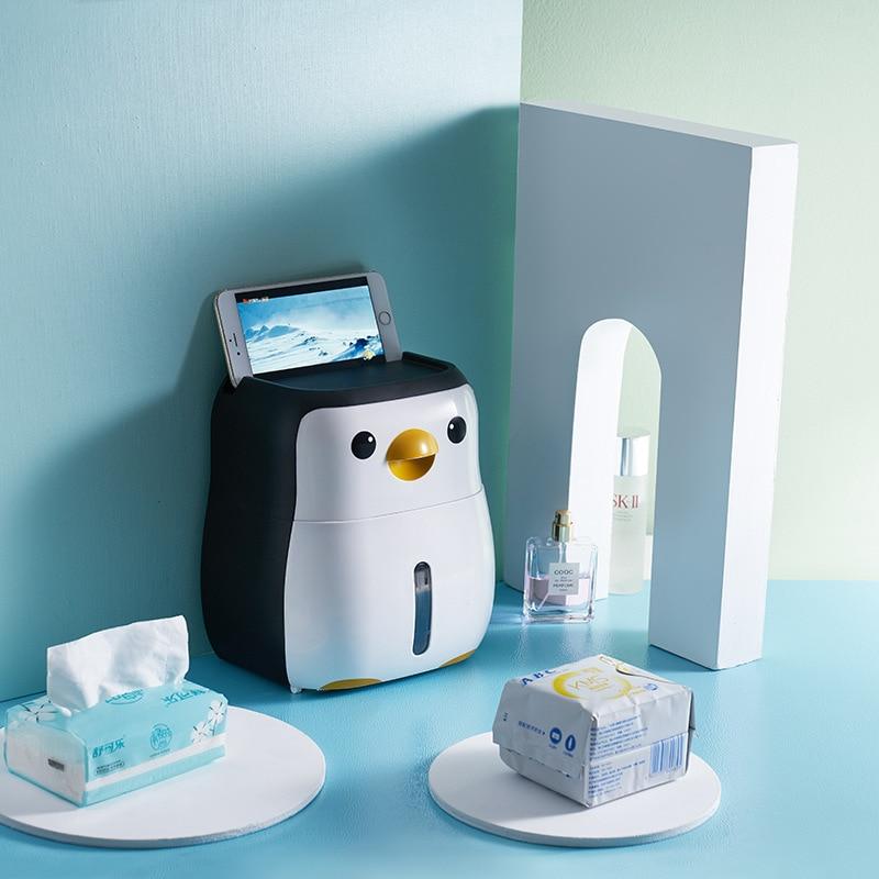 Creative penguin-shaped toilet roll paper holder, waterproof and wall-mounted, ideal for bathroom organization.