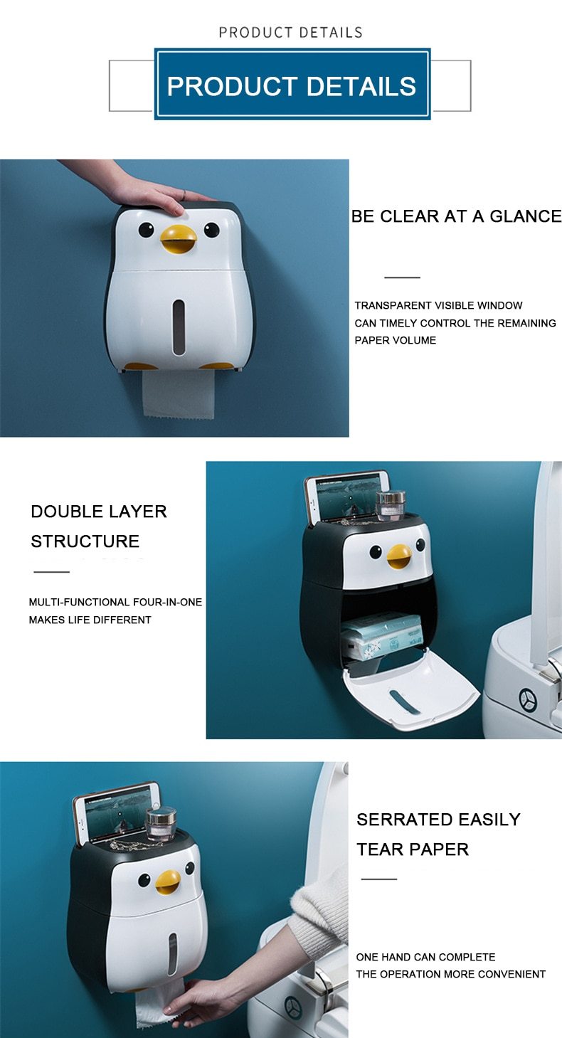 Creative penguin-shaped toilet roll paper holder, waterproof and wall-mounted, ideal for bathroom organization.