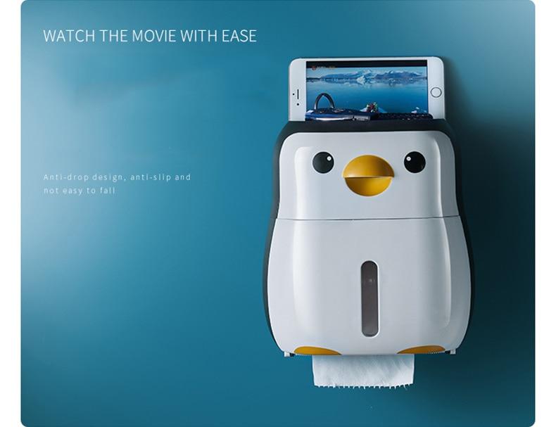 Creative penguin-shaped toilet roll paper holder, waterproof and wall-mounted, ideal for bathroom organization.