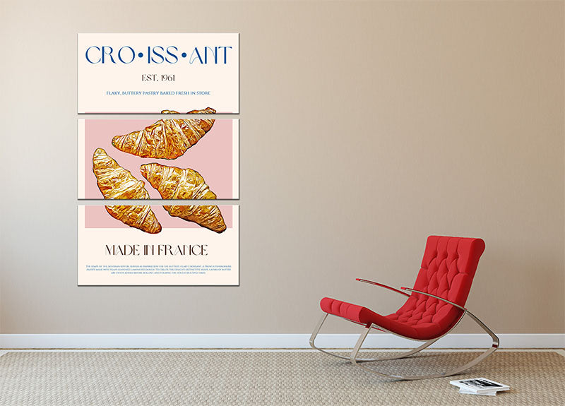 Three-panel canvas print featuring a detailed croissant design, enhancing modern decor.