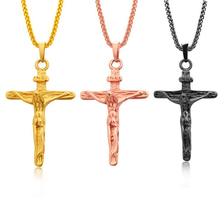 A stylish Crucifix Cross Necklace in gold, rose gold, and black gun color, showcasing its elegant design and cross pendant.