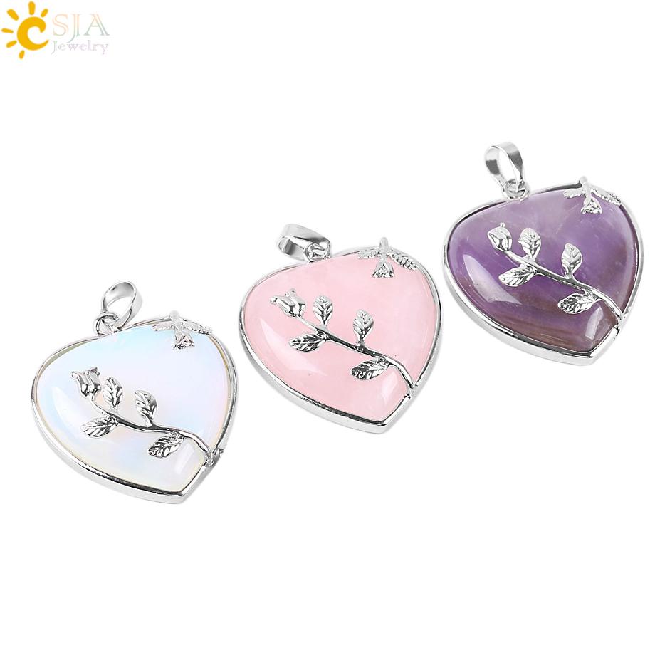 CSJA Natural Stone Jewelry Rose Flower Pendant featuring a heart shape made from various gemstones including Amethyst and Rose Quartz.