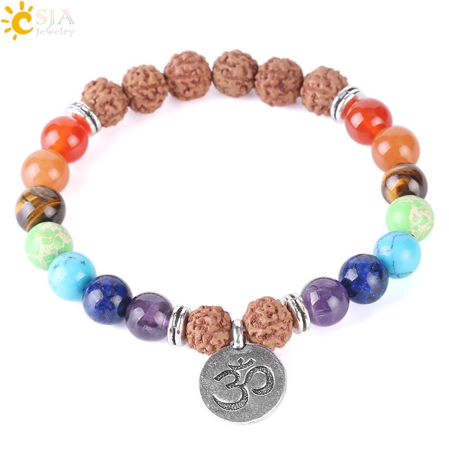 CSJA New 7 Chakra Gemstone Bracelet featuring colorful semi-precious stones and lava beads, designed for healing and meditation.