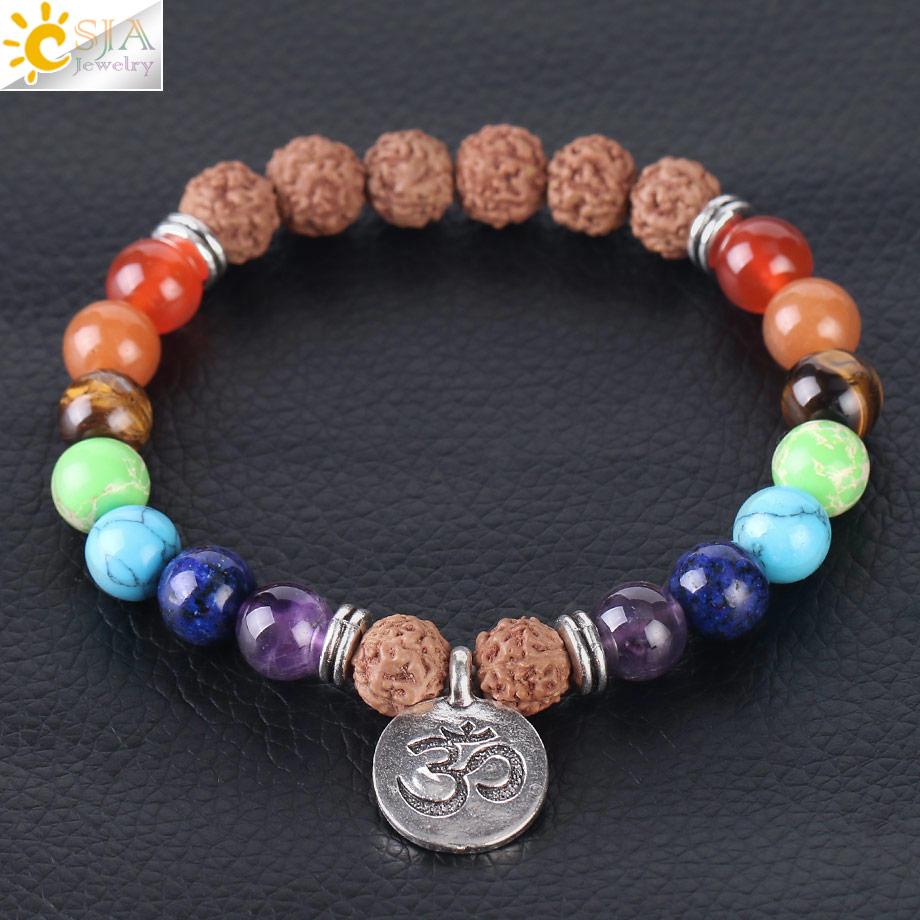 CSJA New 7 Chakra Gemstone Bracelet featuring colorful semi-precious stones and lava beads, designed for healing and meditation.