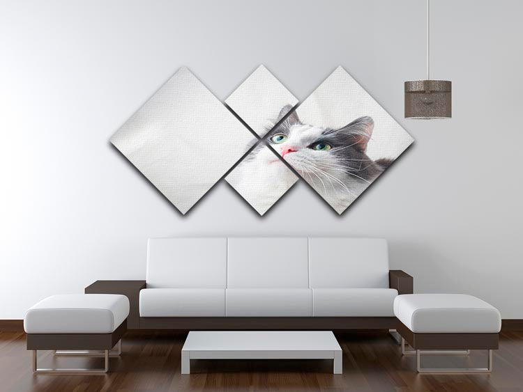 A charming multi-panel canvas featuring a curious cat looking up, divided into four equal square sections, showcasing vibrant colors and intricate details.