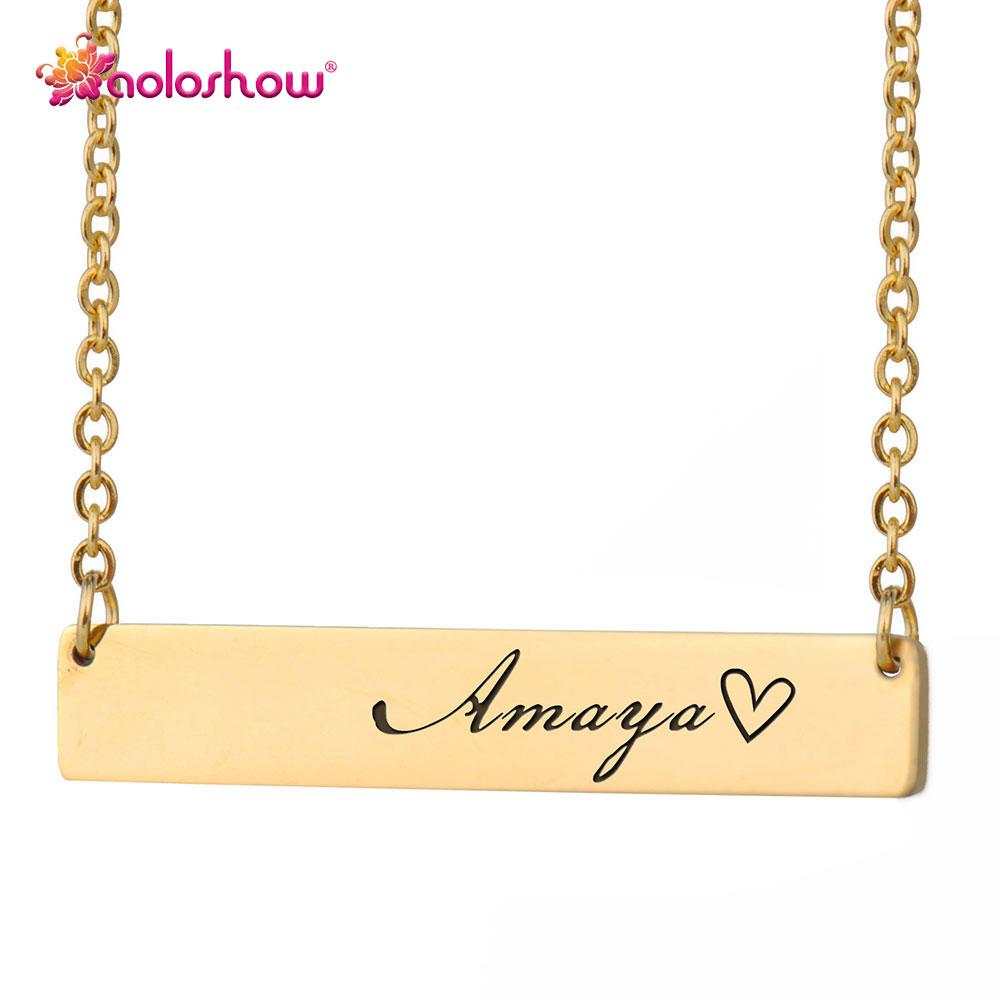 Custom personalized bar necklace for women in gold color, made of stainless steel with engraved name options.