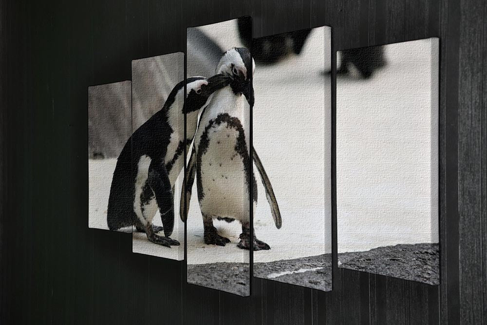 A charming 5-split panel canvas featuring a cute affectionate penguin couple, perfect for home decor.