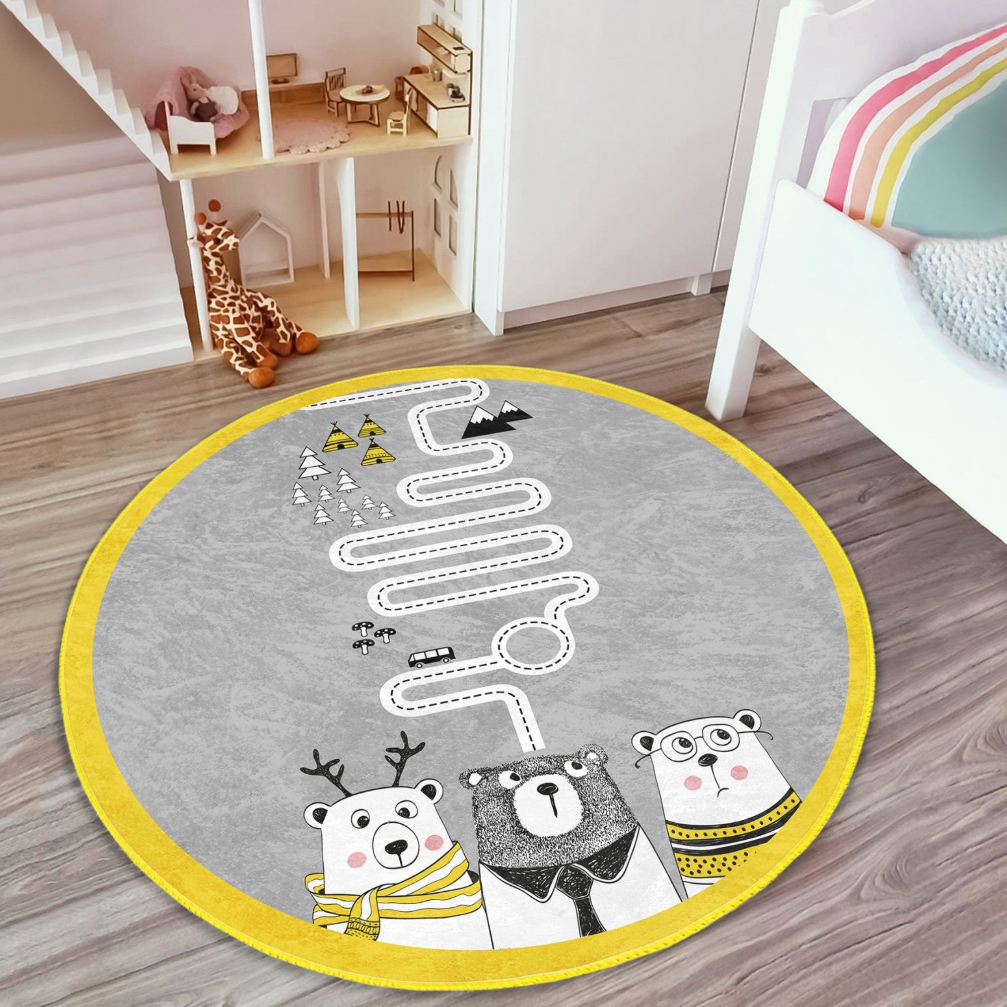 Cute round rug featuring playful bear designs, perfect for kids' rooms, made from soft velvet fabric.