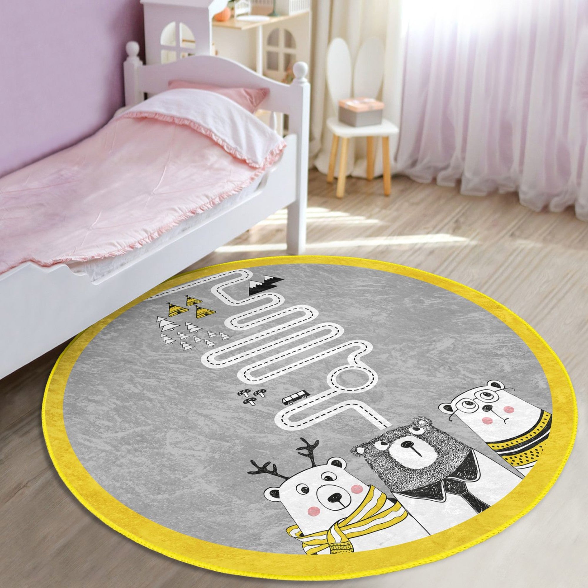 Cute round rug featuring playful bear designs, perfect for kids' rooms, made from soft velvet fabric.