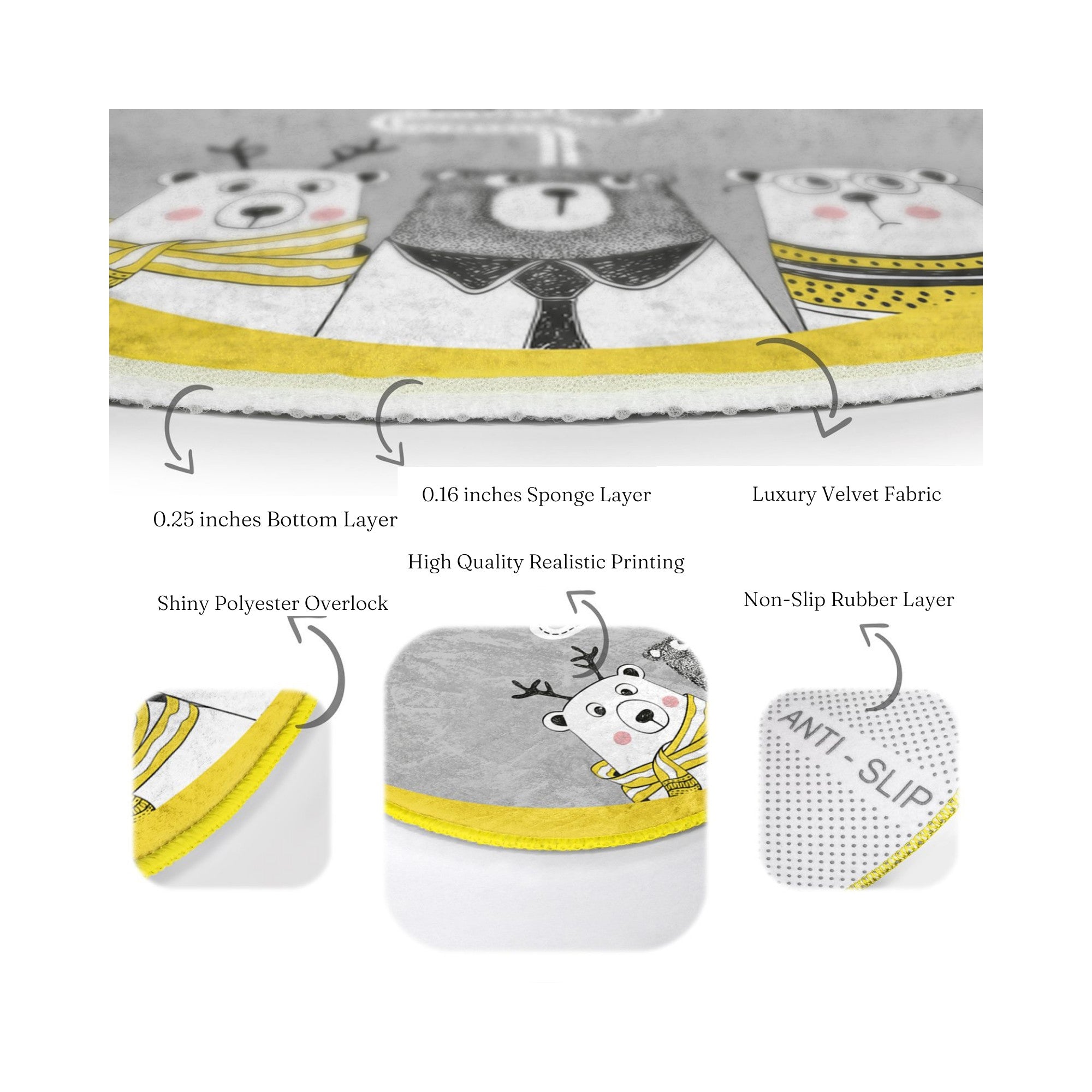 Cute round rug featuring playful bear designs, perfect for kids' rooms, made from soft velvet fabric.