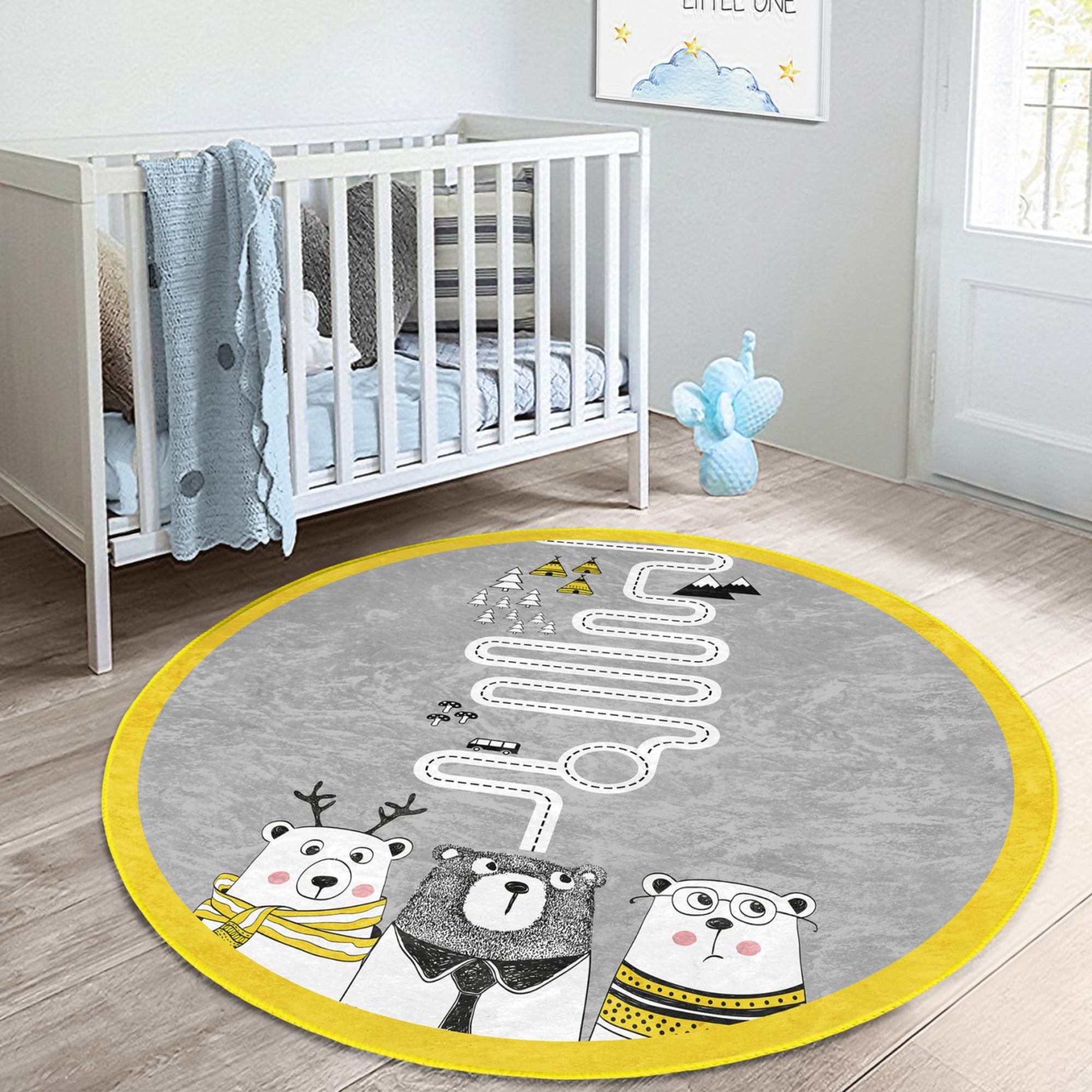 Cute round rug featuring playful bear designs, perfect for kids' rooms, made from soft velvet fabric.