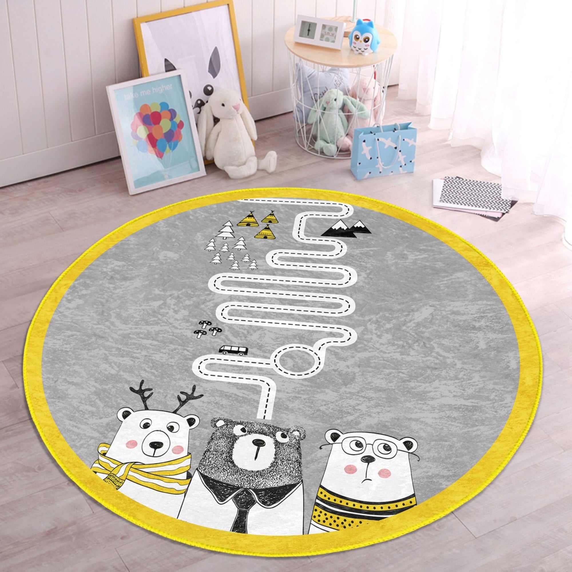 Cute round rug featuring playful bear designs, perfect for kids' rooms, made from soft velvet fabric.