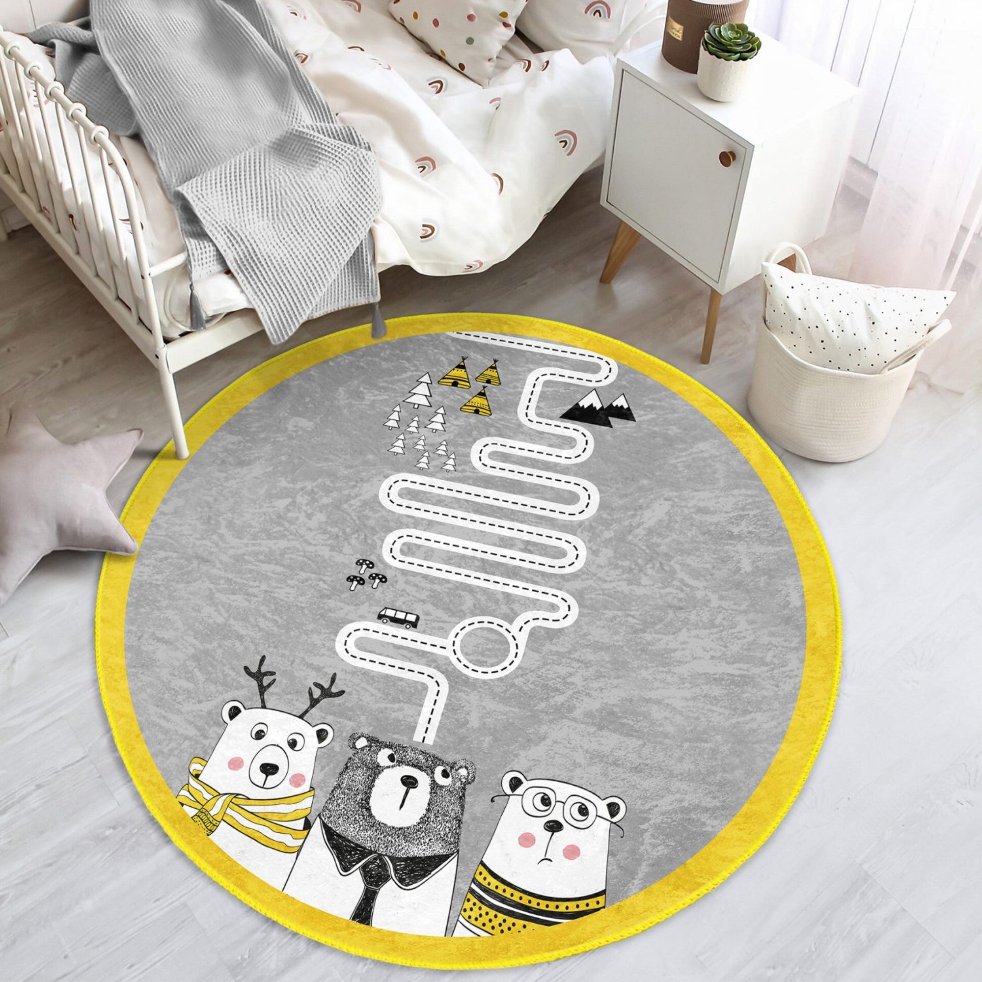 Cute round rug featuring playful bear designs, perfect for kids' rooms, made from soft velvet fabric.