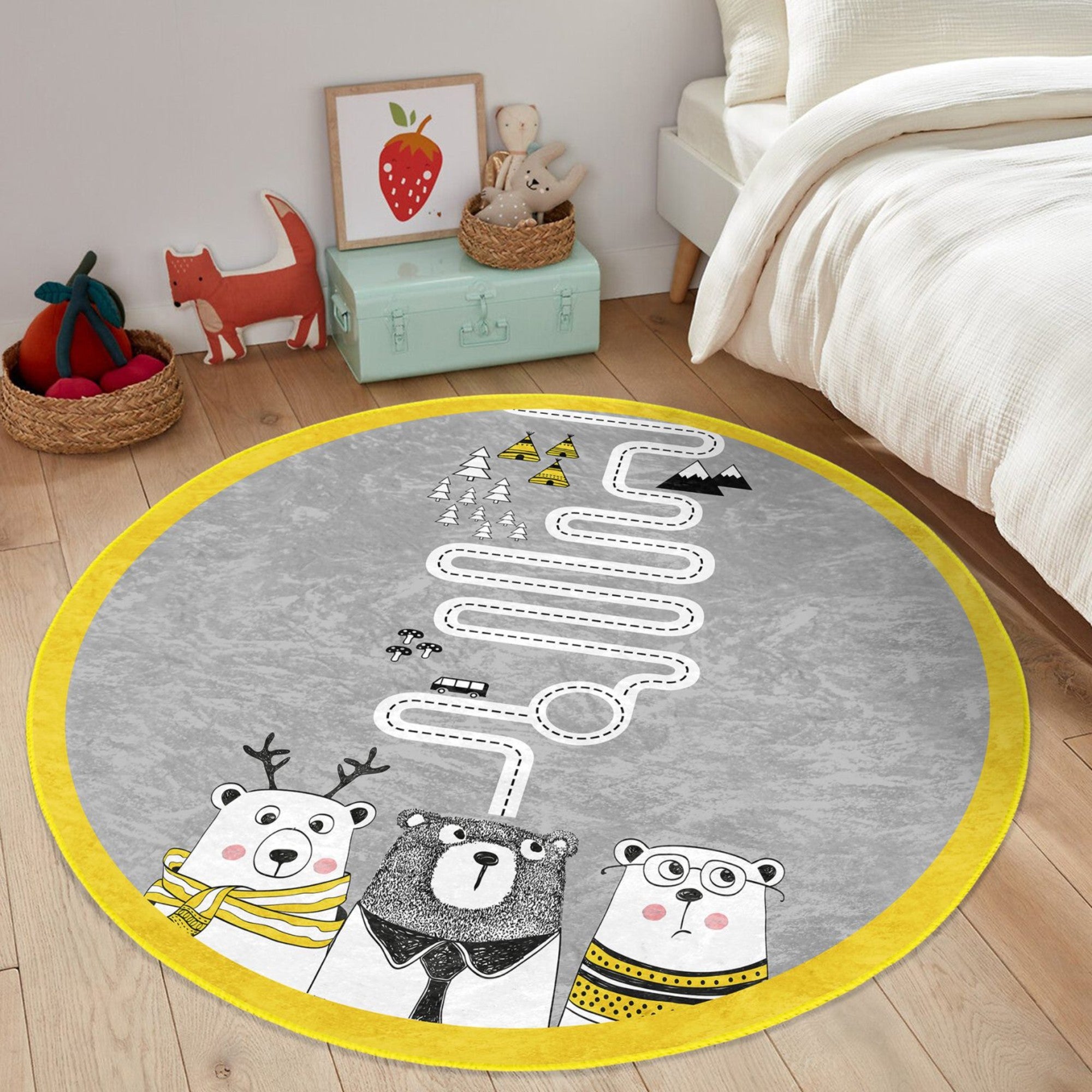 Cute round rug featuring playful bear designs, perfect for kids' rooms, made from soft velvet fabric.