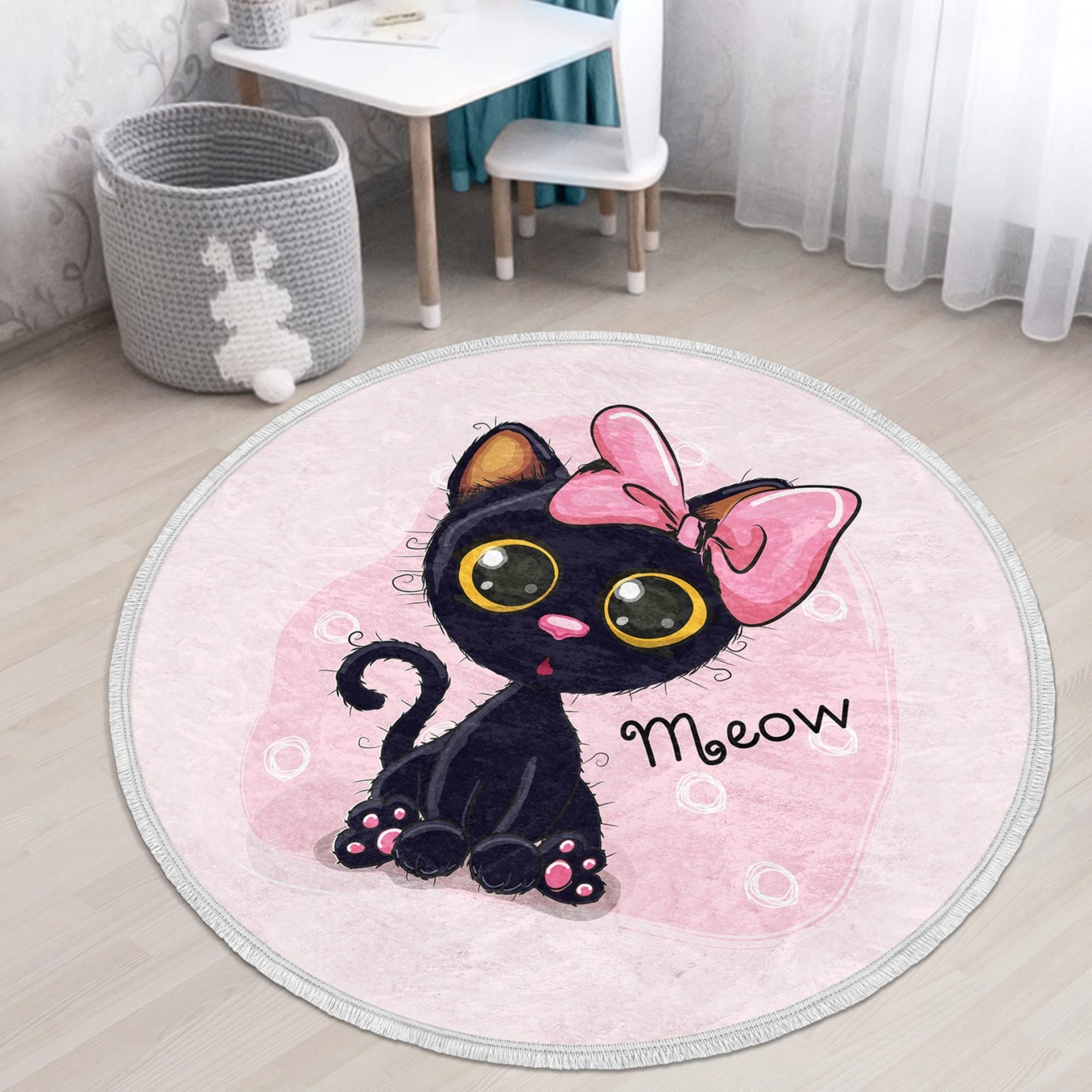 Cute Cat Decorative Round Rug featuring a playful cat design, made of shiny velvet fabric, perfect for nurseries and playrooms.