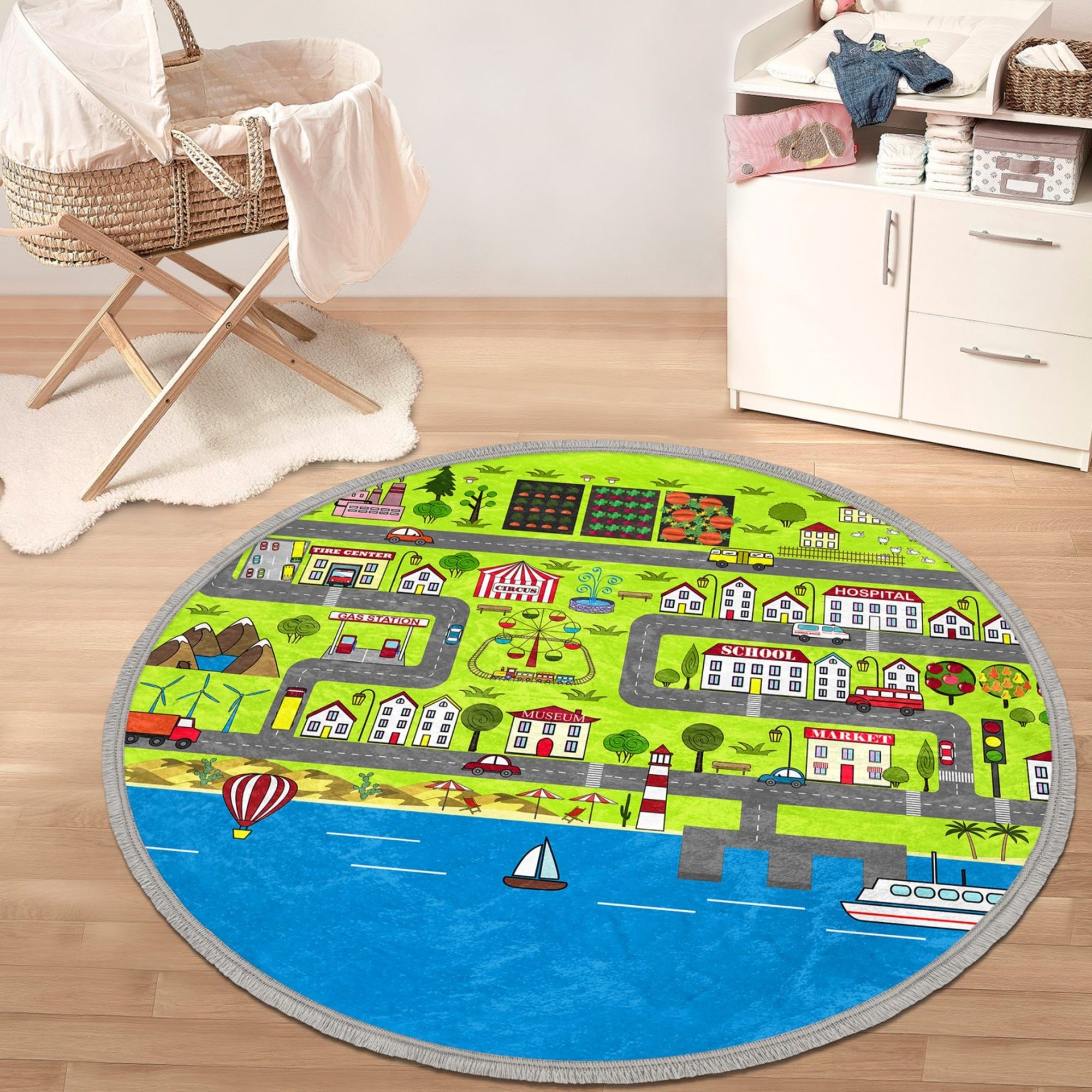 Cute City Map Kids Room Round Rug featuring vibrant colors and a playful city map design, perfect for nurseries and playrooms.