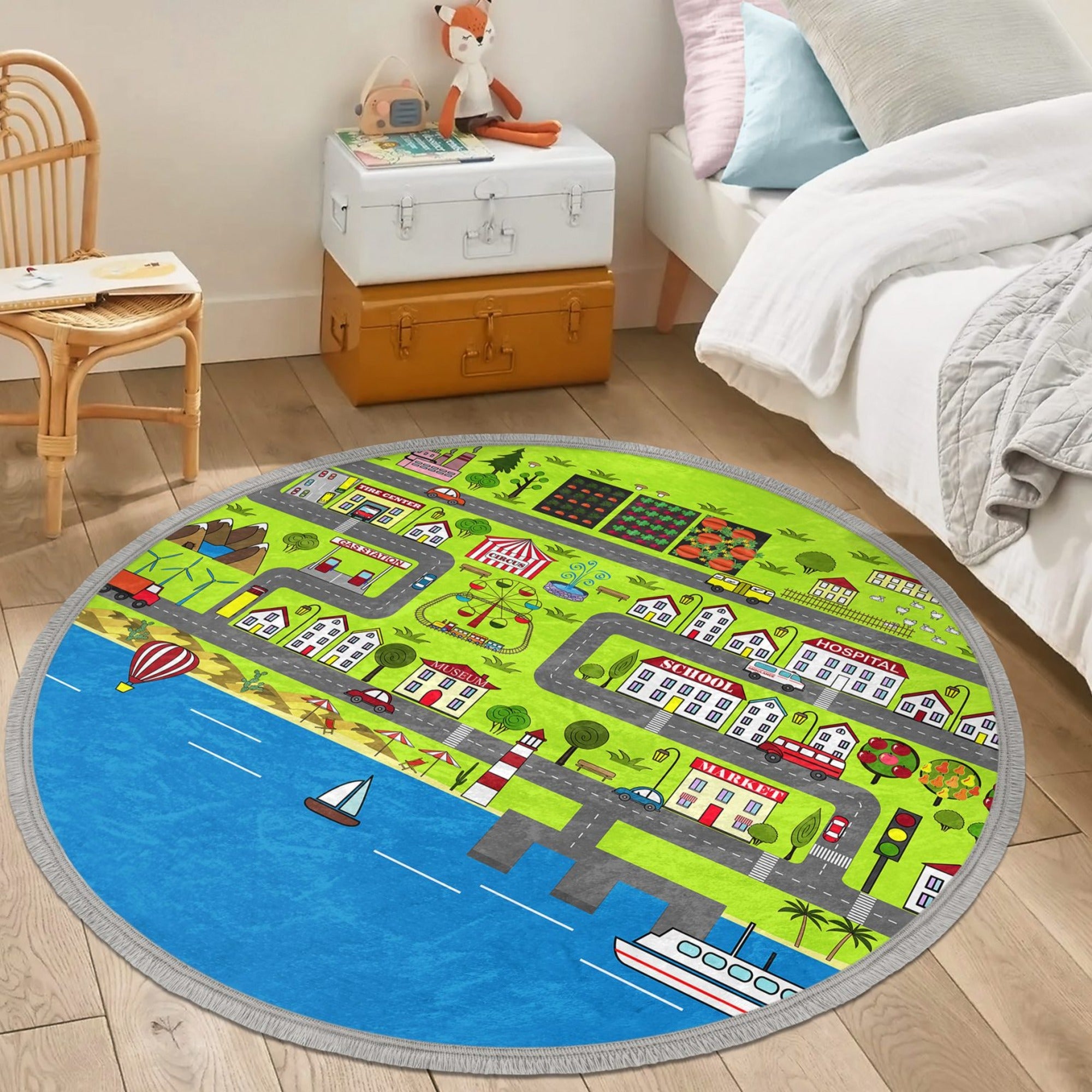 Cute City Map Kids Room Round Rug featuring vibrant colors and a playful city map design, perfect for nurseries and playrooms.