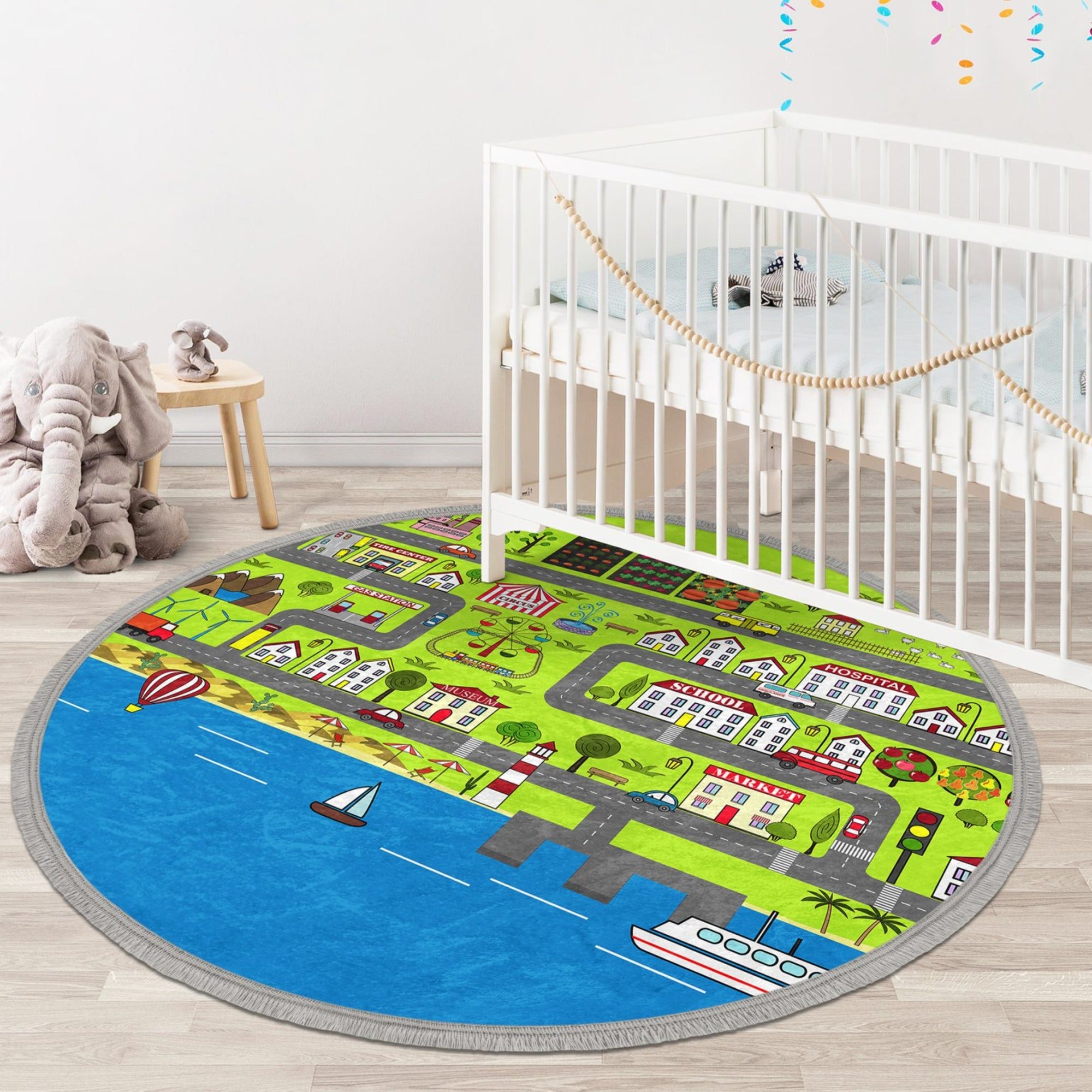 Cute City Map Kids Room Round Rug featuring vibrant colors and a playful city map design, perfect for nurseries and playrooms.