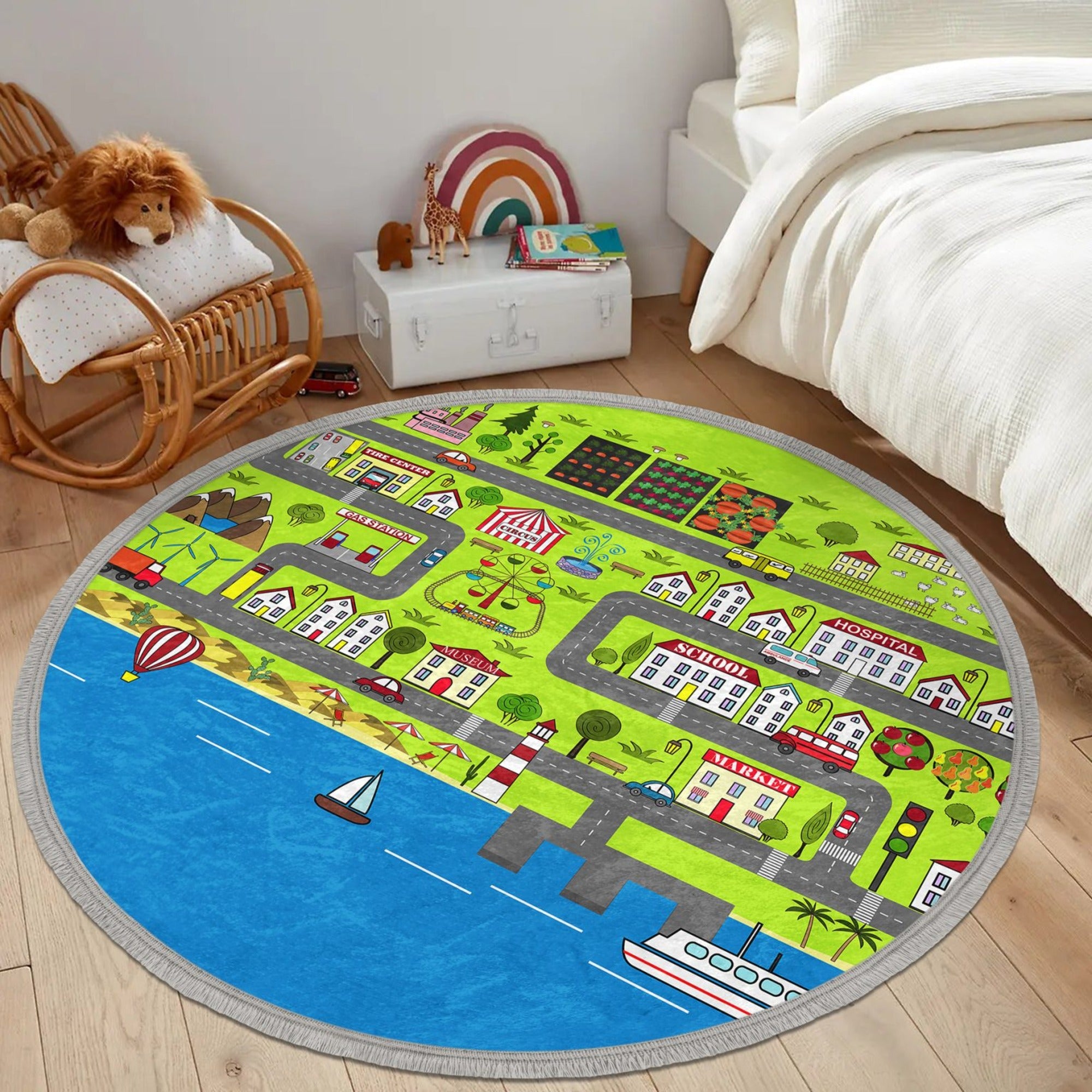 Cute City Map Kids Room Round Rug featuring vibrant colors and a playful city map design, perfect for nurseries and playrooms.