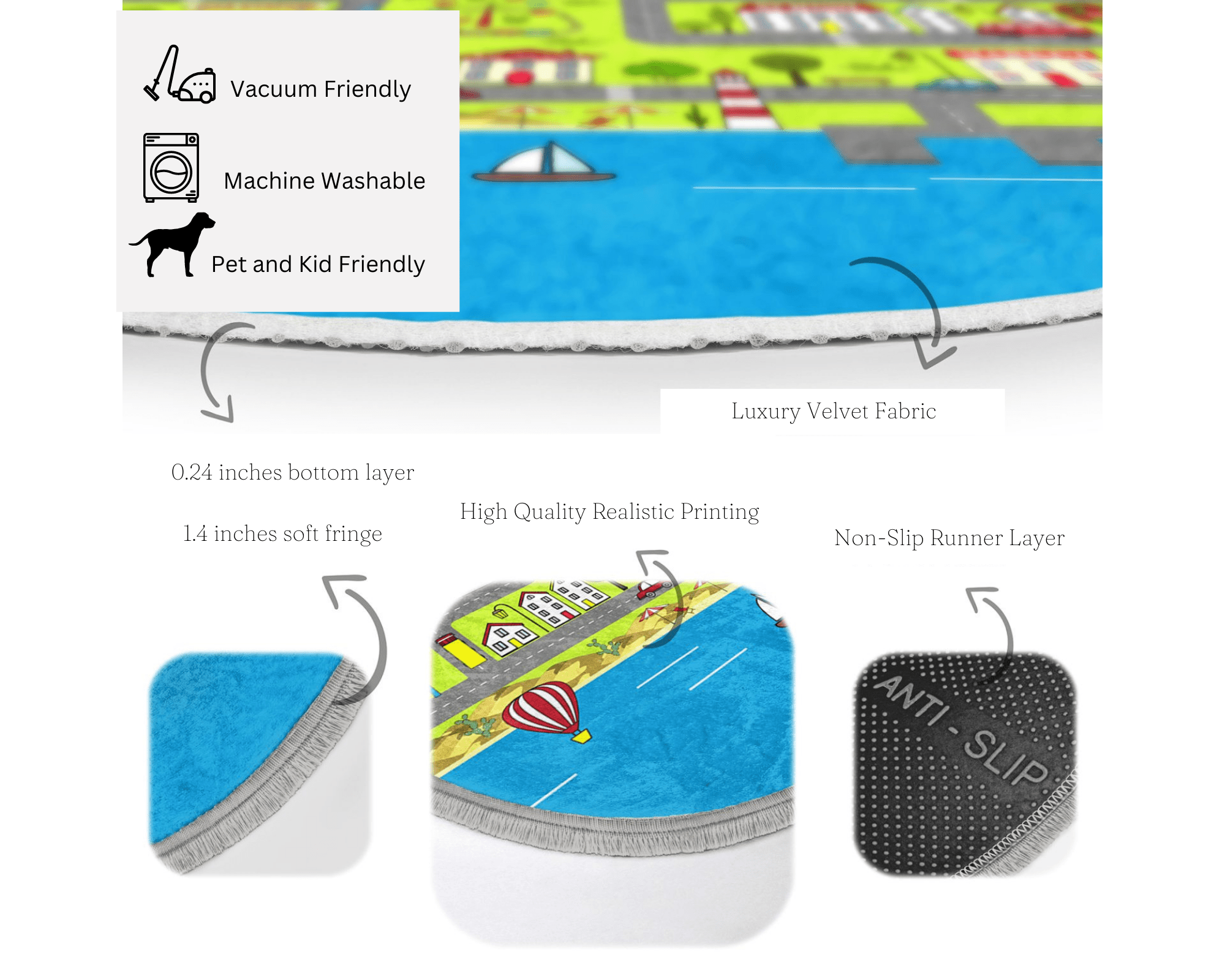 Cute City Map Kids Room Round Rug featuring vibrant colors and a playful city map design, perfect for nurseries and playrooms.