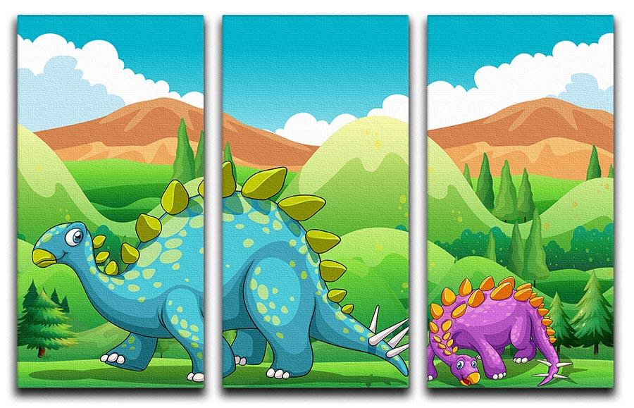 Cute dinosaurs walking across a vibrant 3-panel canvas print, perfect for children's rooms.
