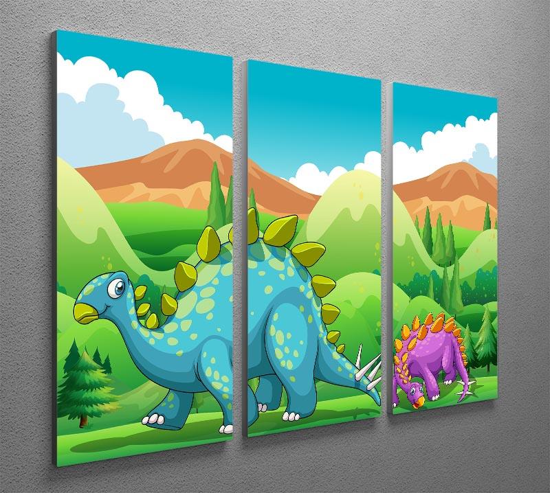 Cute dinosaurs walking across a vibrant 3-panel canvas print, perfect for children's rooms.