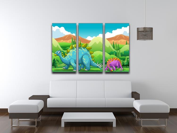 Cute dinosaurs walking across a vibrant 3-panel canvas print, perfect for children's rooms.
