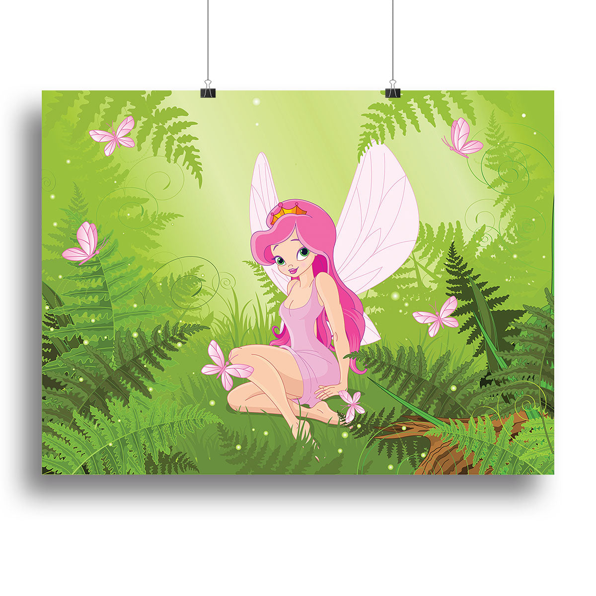 A whimsical canvas print featuring a cute fairy in a vibrant magic forest, surrounded by lush greenery and colorful flowers.