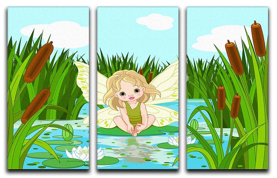 A beautiful 3-panel canvas print featuring a cute fairy sitting on a lily leaf, showcasing vibrant colors and intricate details.