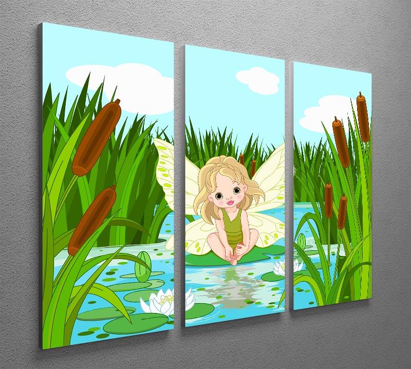 A beautiful 3-panel canvas print featuring a cute fairy sitting on a lily leaf, showcasing vibrant colors and intricate details.