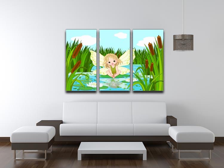 A beautiful 3-panel canvas print featuring a cute fairy sitting on a lily leaf, showcasing vibrant colors and intricate details.