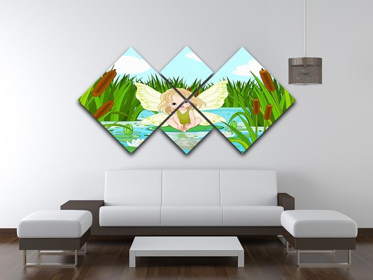 A whimsical multi-panel canvas featuring a cute fairy sitting on a vibrant lily leaf, perfect for home decor.