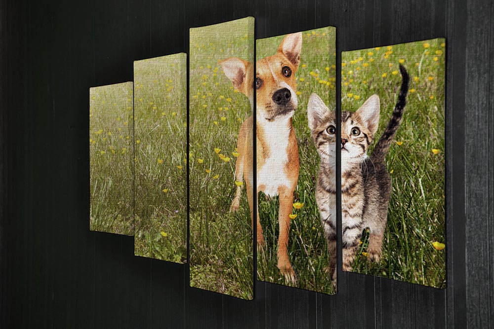 A charming 5 split panel canvas artwork featuring a cute kitten and puppy playing together in a vibrant green field.