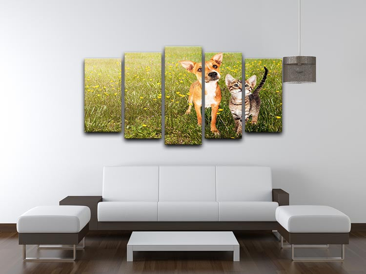 A charming 5 split panel canvas artwork featuring a cute kitten and puppy playing together in a vibrant green field.