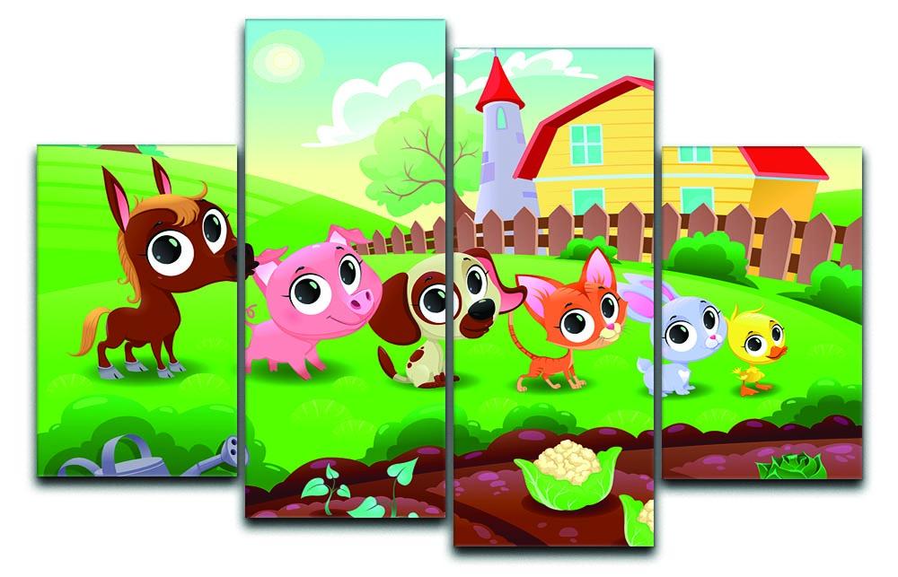 A charming 4-split canvas featuring cute littlest farm animals, perfect for children's decor.