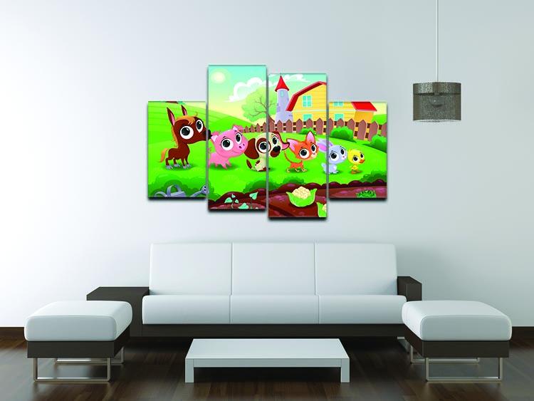 A charming 4-split canvas featuring cute littlest farm animals, perfect for children's decor.