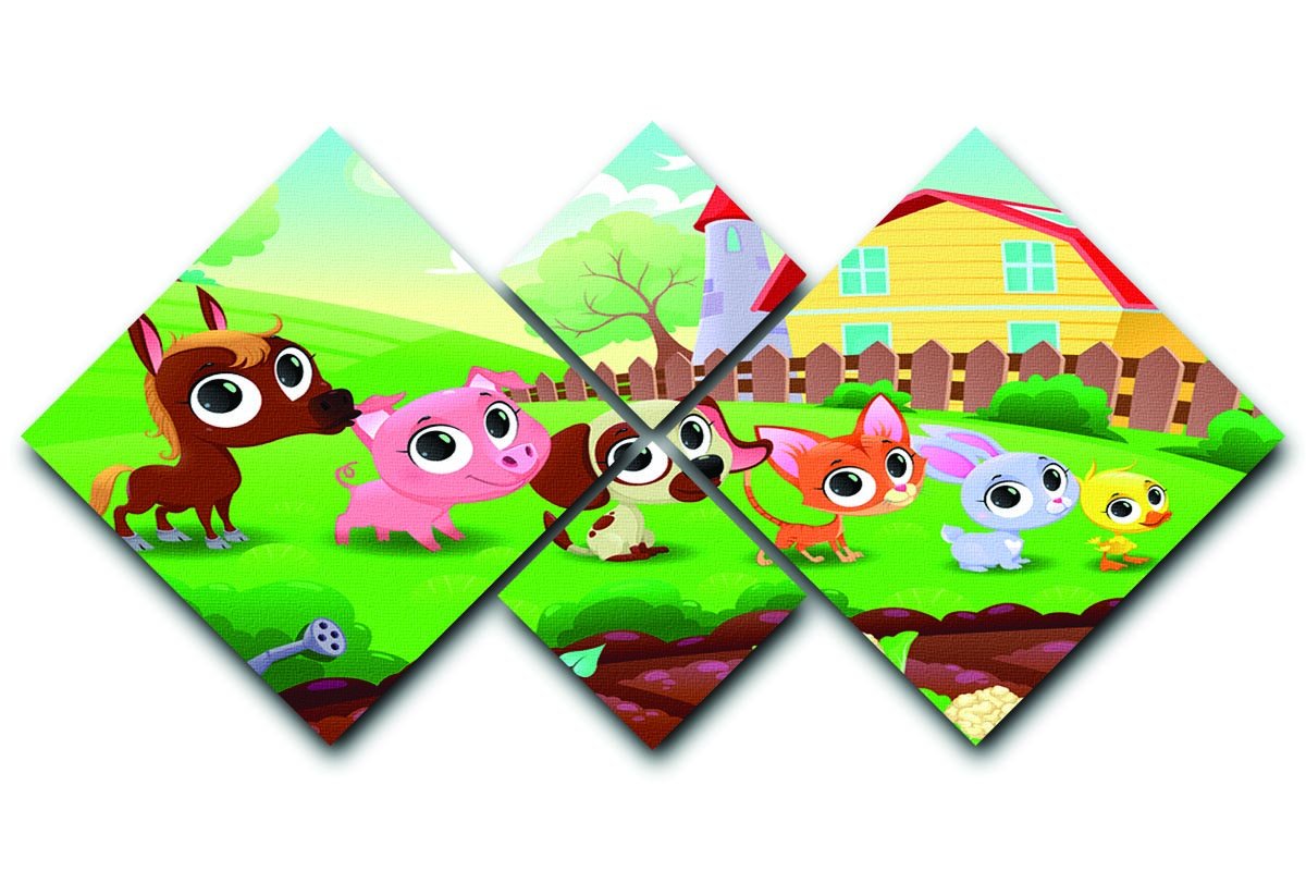 A colorful 4-panel canvas featuring cute farm animals in a vibrant garden setting, perfect for children's decor.