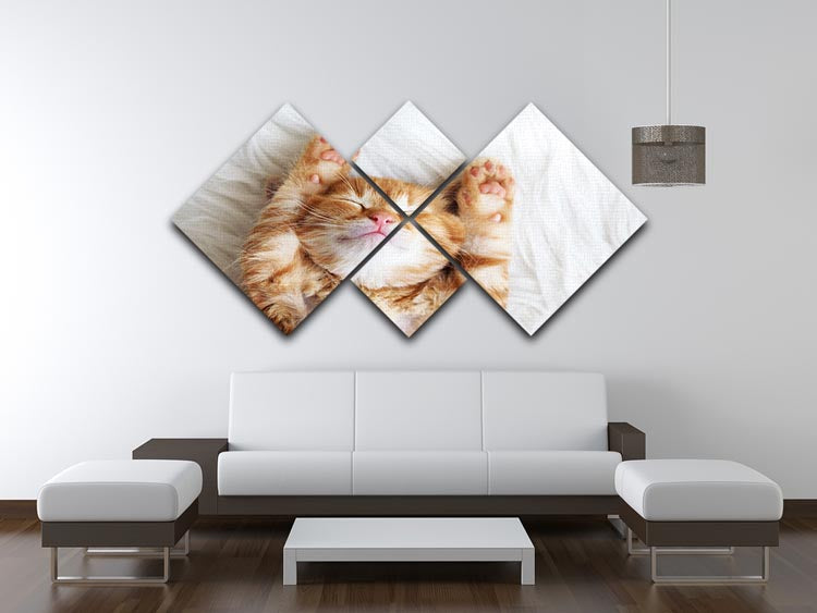 A cute little red kitten sleeping on a fluffy white fur blanket, displayed in a 4-square canvas arrangement.