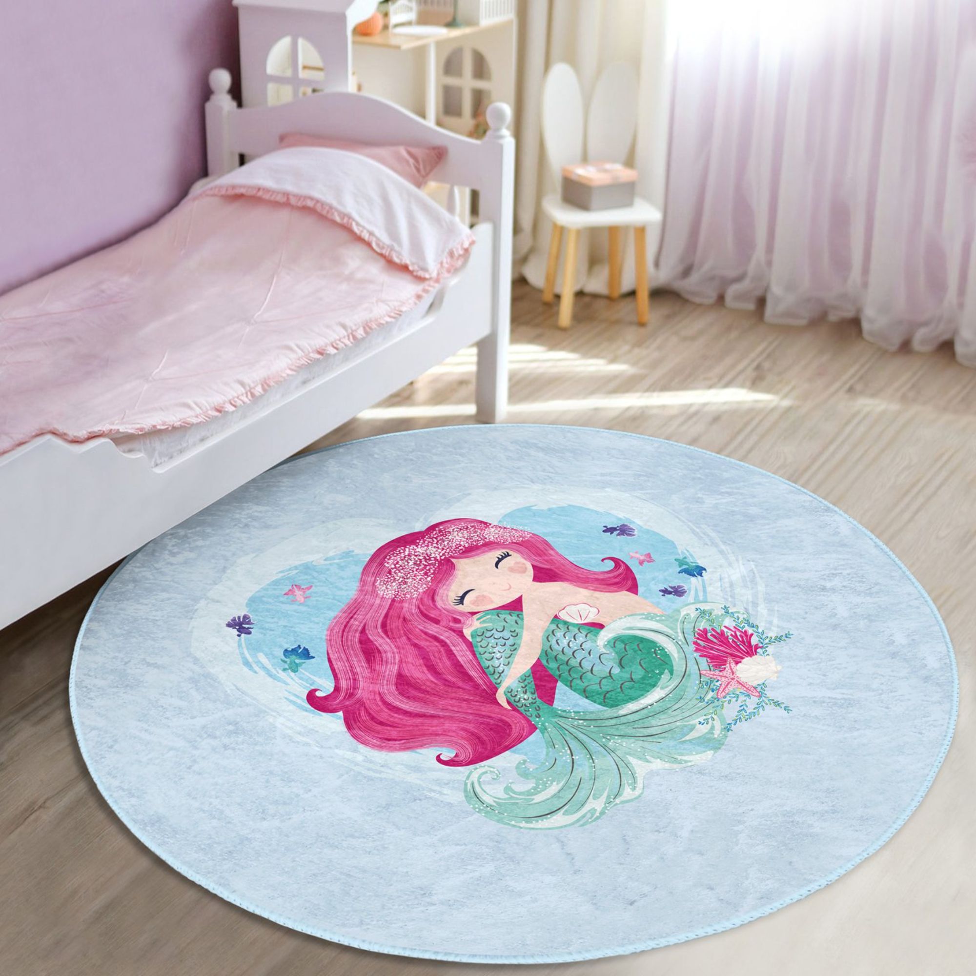 Cute Kids Washable Rug featuring a vibrant mermaid design in the sea, made from soft velvet fabric, perfect for children's rooms.