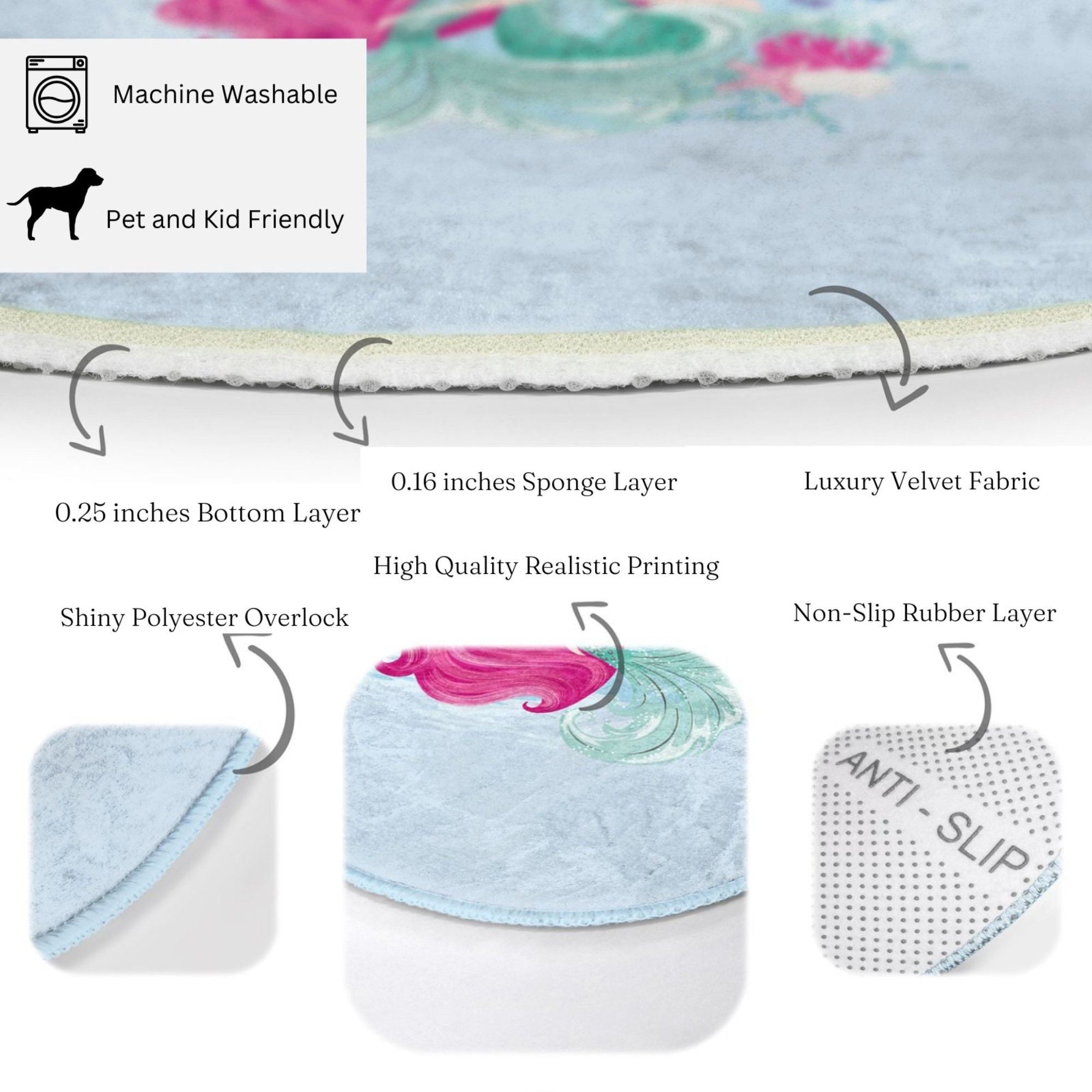 Cute Kids Washable Rug featuring a vibrant mermaid design in the sea, made from soft velvet fabric, perfect for children's rooms.