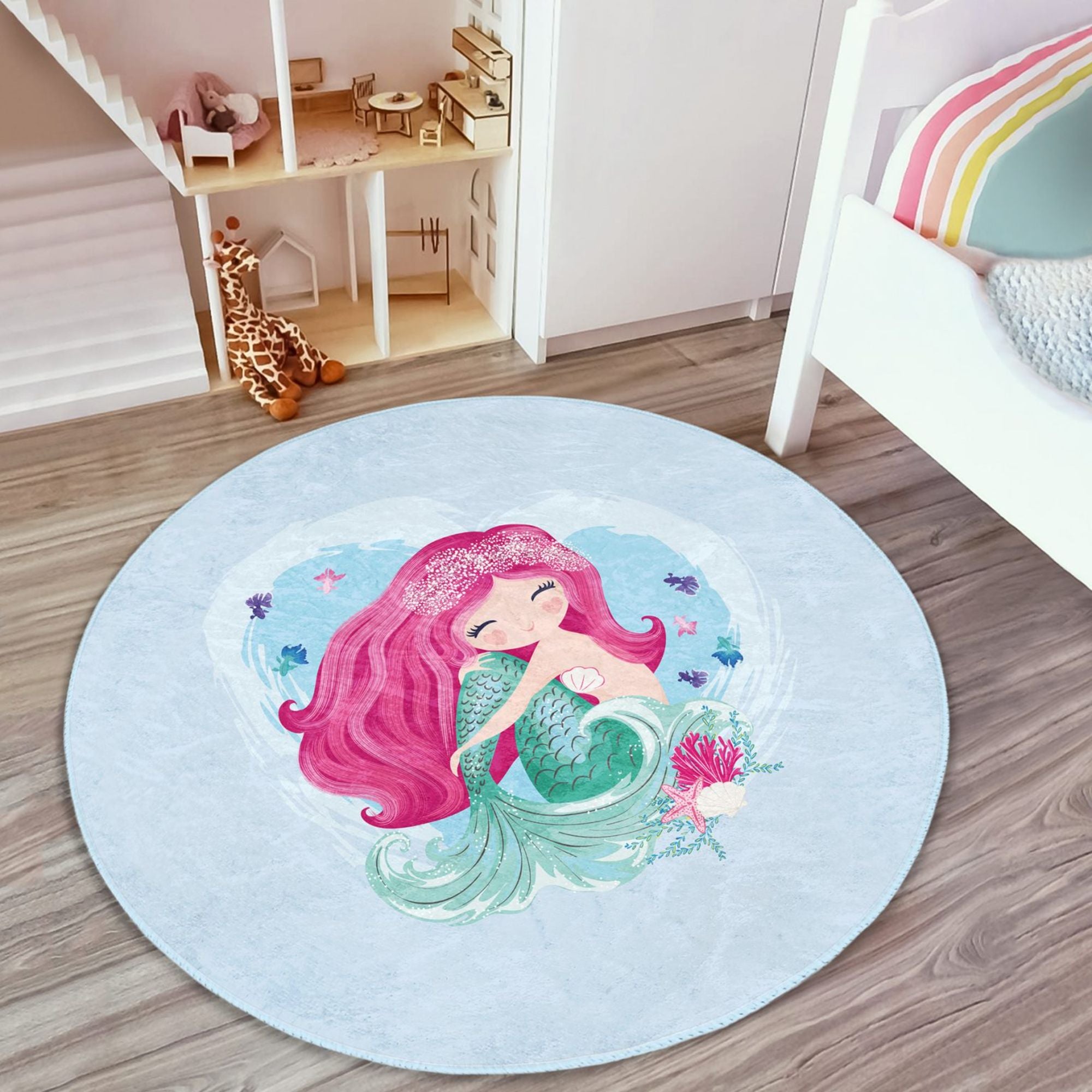 Cute Kids Washable Rug featuring a vibrant mermaid design in the sea, made from soft velvet fabric, perfect for children's rooms.