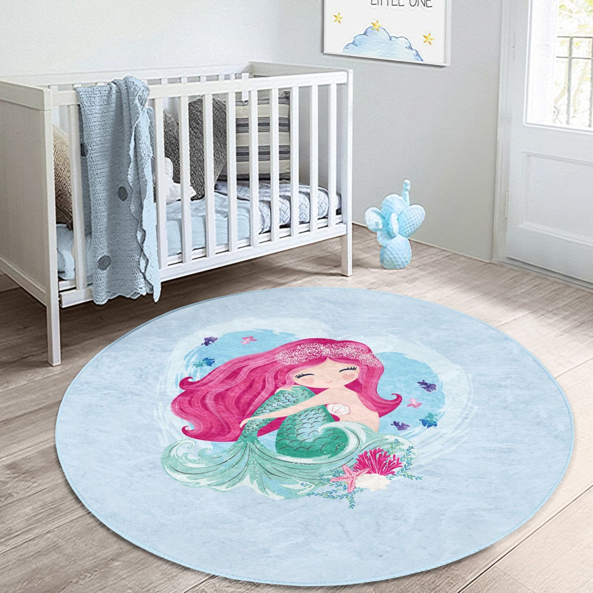 Cute Kids Washable Rug featuring a vibrant mermaid design in the sea, made from soft velvet fabric, perfect for children's rooms.
