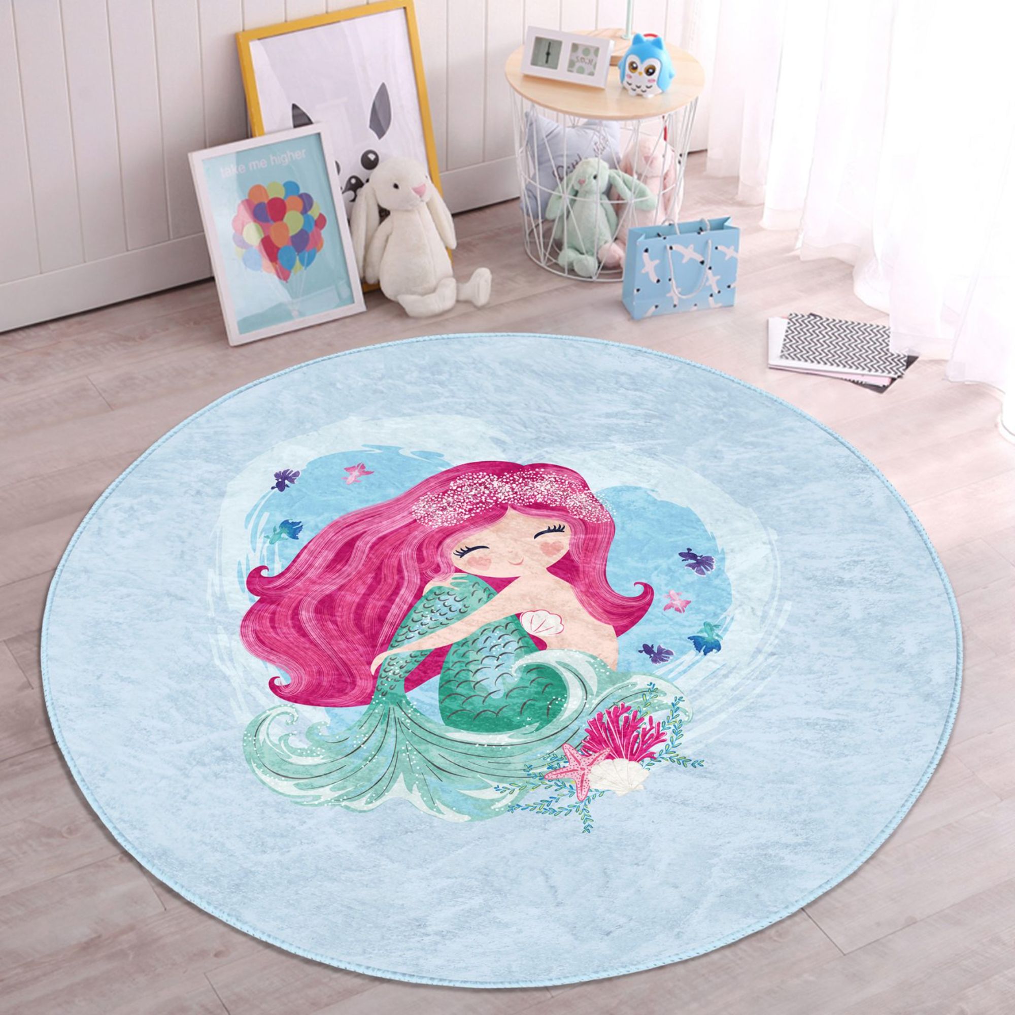 Cute Kids Washable Rug featuring a vibrant mermaid design in the sea, made from soft velvet fabric, perfect for children's rooms.