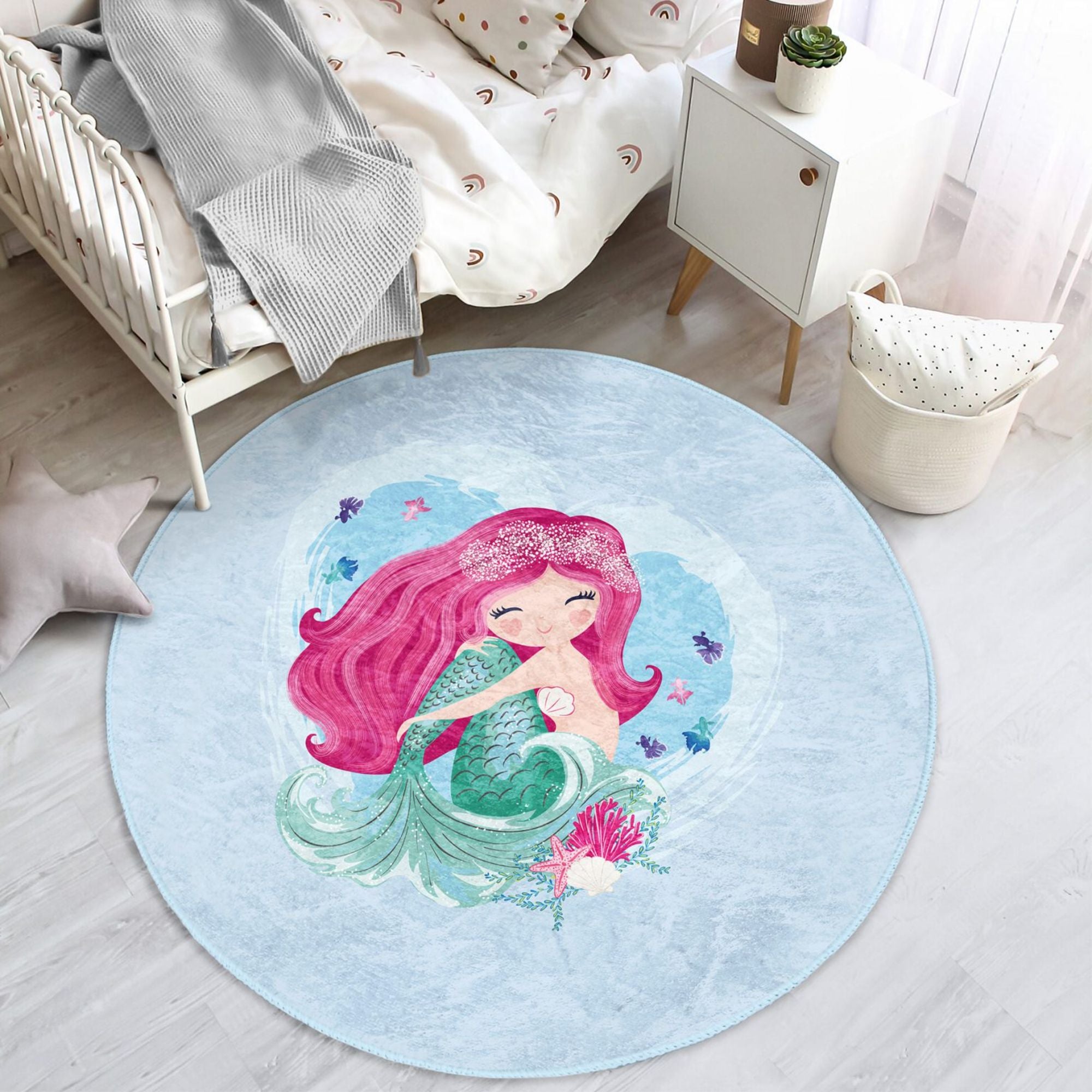 Cute Kids Washable Rug featuring a vibrant mermaid design in the sea, made from soft velvet fabric, perfect for children's rooms.